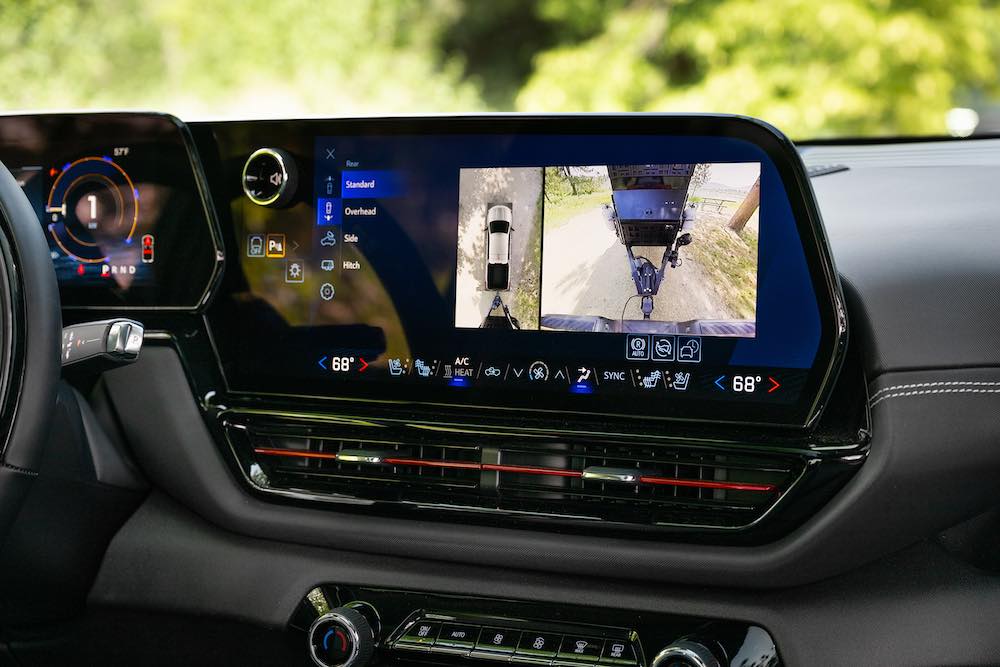 Close-up view of the Silverado EV Trail Boss 17.7-inch information screen with trailer camera views.