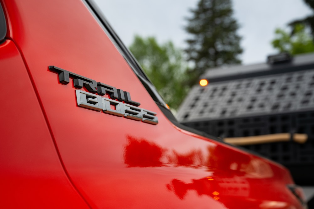 Detail shot of Silverado EV Trail Boss exterior badge.
